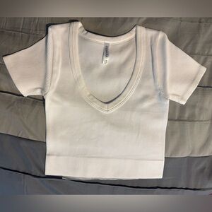 Zenana Outfitters White Ribbed V-Neck Crop Top Brand New